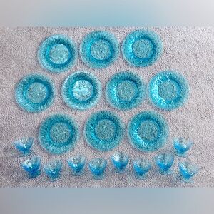 Seneca Glass Company Morgantown Peacock Blue RARE Set of 10 Plates + 10 Glasses